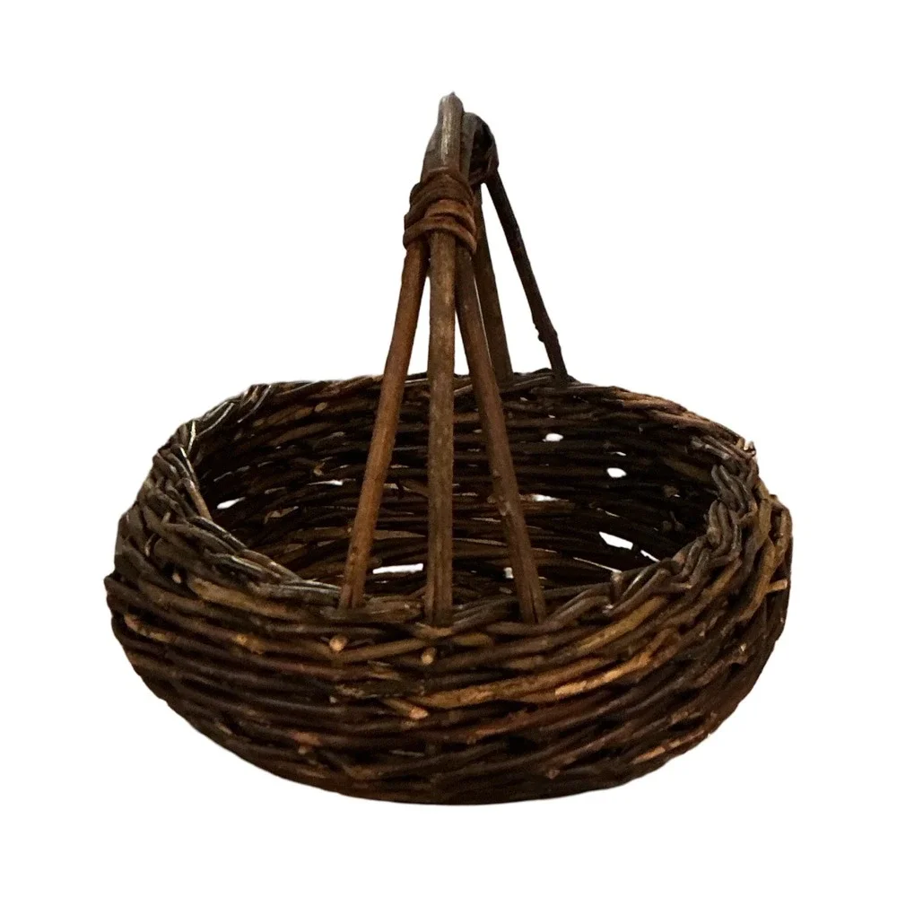 Vintage Rustic Twig Basket Dark Woven Wood Primitive Farmhouse Decor 9x8x7.5in